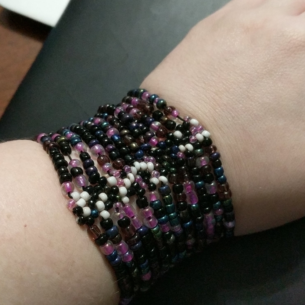 Stretchy Purple Black White Beaded Multi Bracelet